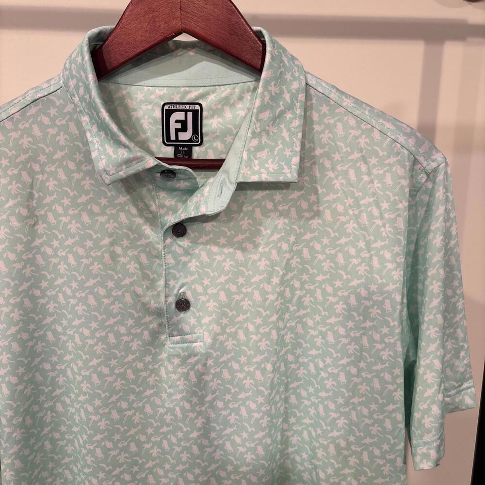 FootJoy Men’s Large Golf Polo Mint Green Palm Tree Flamingo Shark Print
